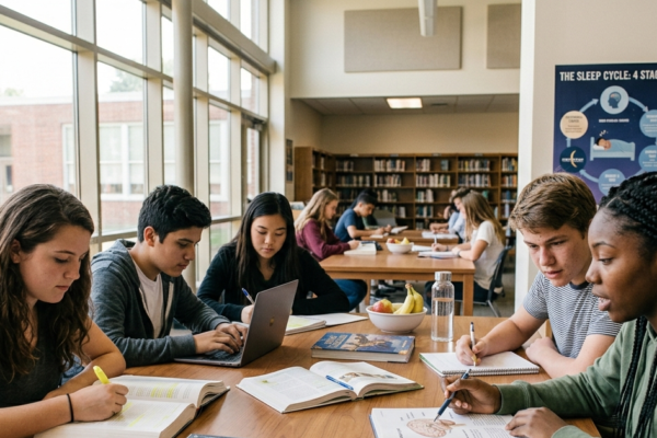 Students studying together in a library with books, laptops, and healthy lifestyle elements like fruits and water visible