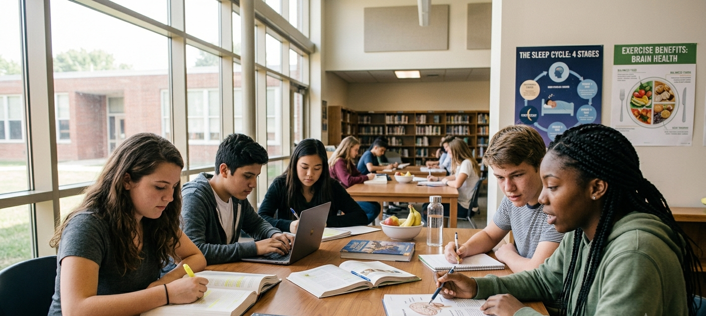 Healthy Habits That Can Improve Learning and Academic Performance 6 Students studying together in a library with books, laptops, and healthy lifestyle elements like fruits and water visible