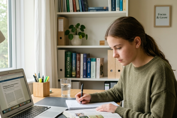 Focused student studying at an organized desk in a quiet room to improve concentration and productivity