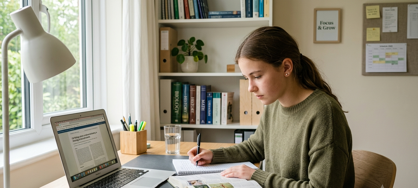 How to Improve Concentration While Studying Without Getting Easily Distracted 2 Focused student studying at an organized desk in a quiet room to improve concentration and productivity