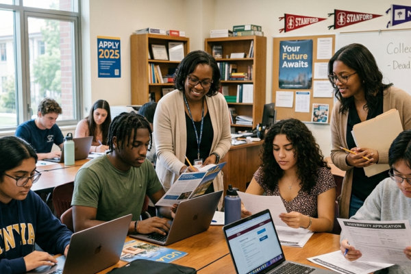 High school students working on university application forms with guidance from a counselor in a classroom