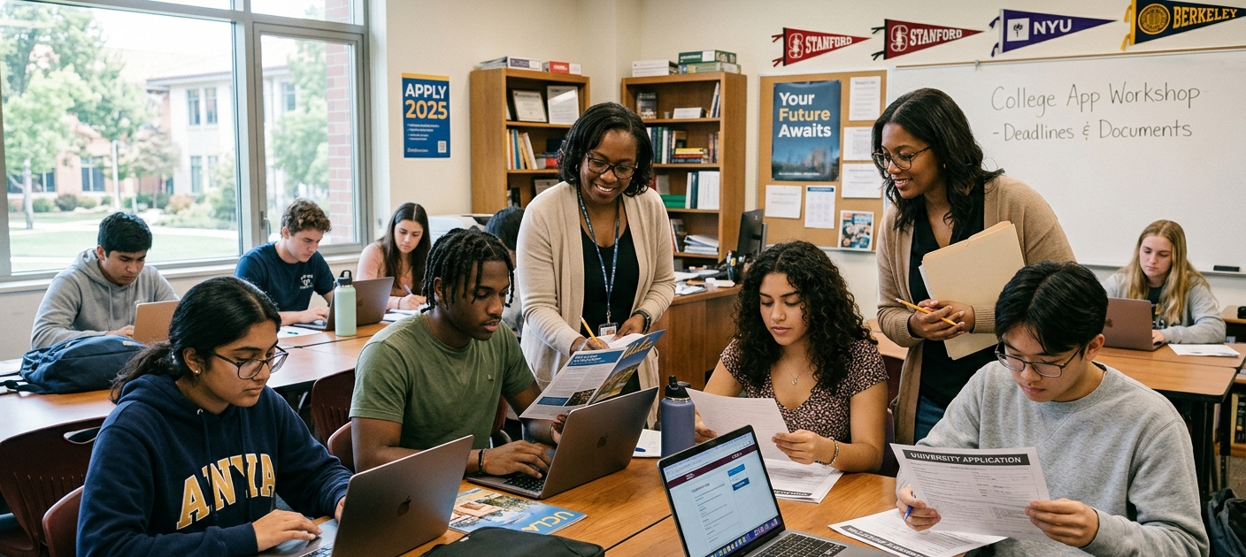 How to Write a Winning University Admission Application 5 High school students working on university application forms with guidance from a counselor in a classroom