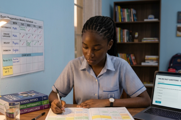 Student studying with revision timetable, books, and laptop in a well-organized exam preparation setup