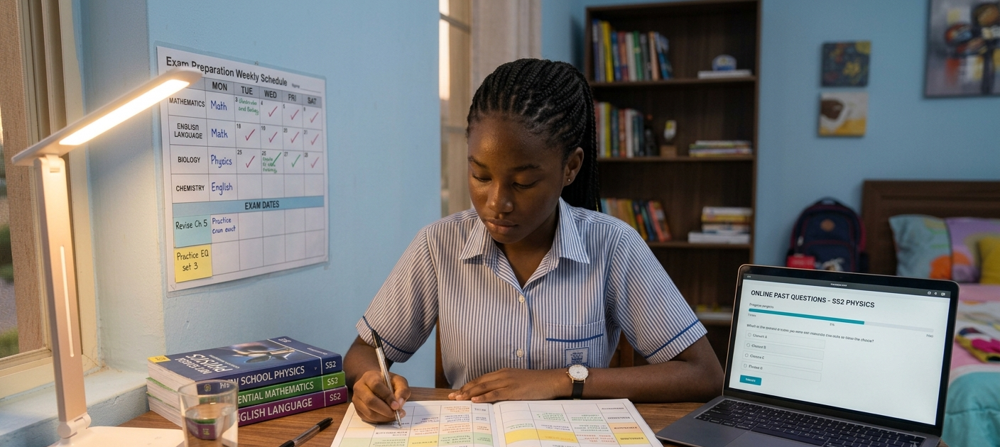 Student studying with revision timetable, books, and laptop in a well-organized exam preparation setup