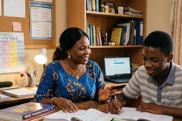 Nigerian parent helping a student prepare for WAEC and NECO examinations at home