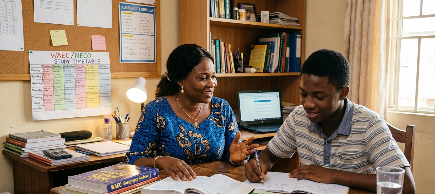 Nigerian parent helping a student prepare for WAEC and NECO examinations at home