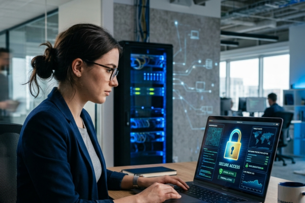 Person using a laptop with digital cybersecurity protection symbols representing online safety