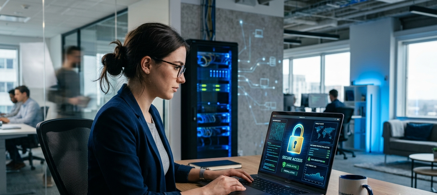 Person using a laptop with digital cybersecurity protection symbols representing online safety