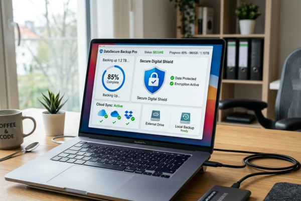Laptop with external hard drive and cloud backup system protecting digital data