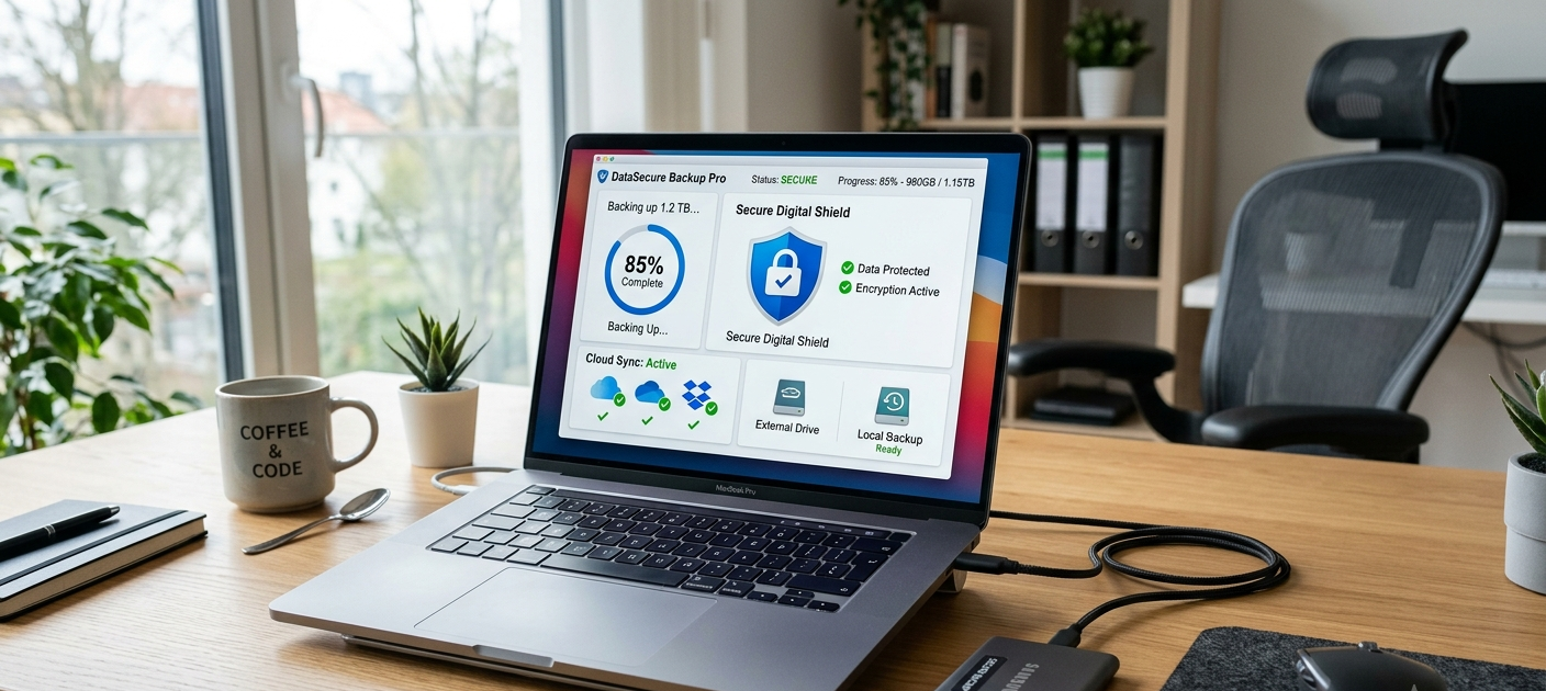 Laptop with external hard drive and cloud backup system protecting digital data