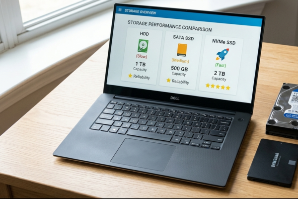 SSD vs HDD vs NVMe laptop storage comparison showing different storage technologies