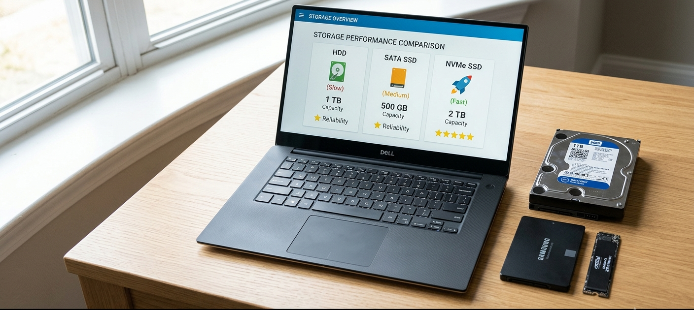 SSD vs HDD vs NVMe: Which Laptop Storage Type Is Best for You? 2 SSD vs HDD vs NVMe laptop storage comparison showing different storage technologies