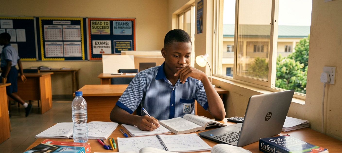Nigerian student calmly preparing for an examination with books and study materials on a desk