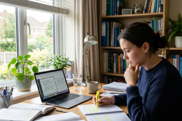 Student studying with textbooks and laptop while highlighting notes in a calm study environment