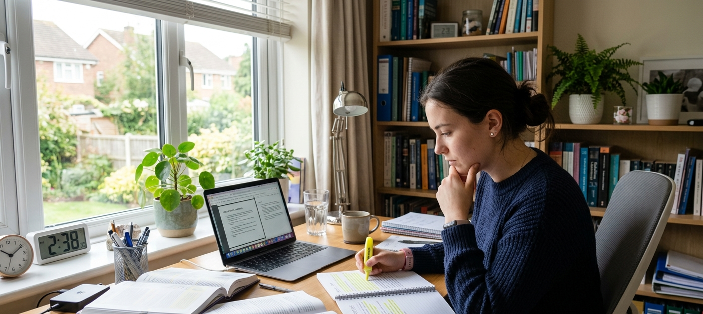 Student studying with textbooks and laptop while highlighting notes in a calm study environment