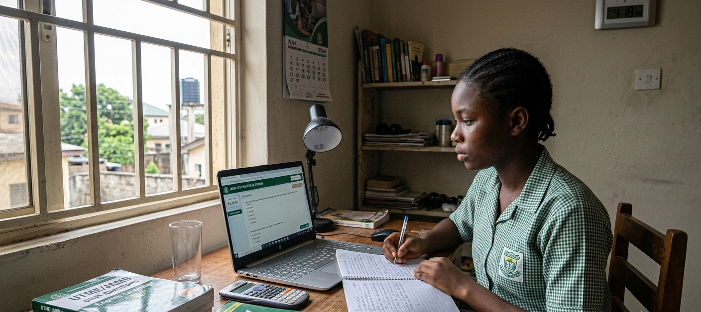 Nigerian student studying JAMB textbooks and practicing CBT questions on a laptop at a desk