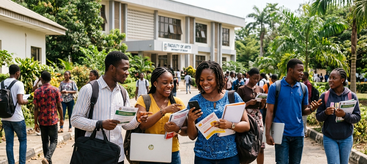 Nigerian university students discussing scholarship opportunities on campus walkway