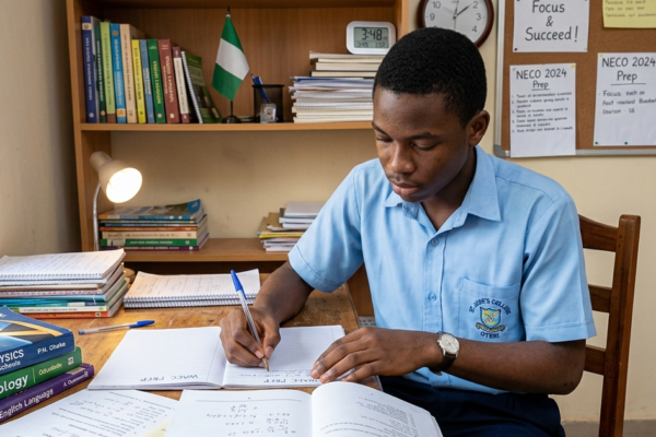Nigerian student preparing for WAEC and NECO examinations with textbooks and past questions