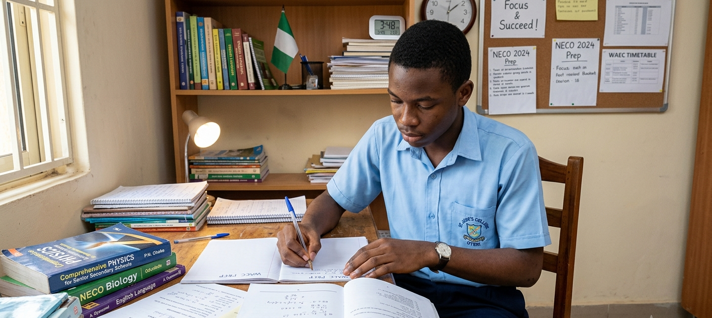 Nigerian student preparing for WAEC and NECO examinations with textbooks and past questions