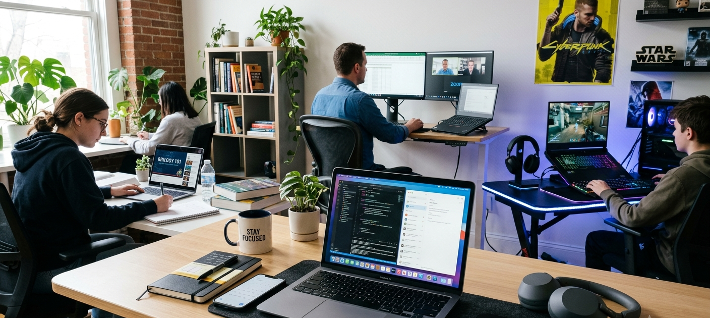 Modern laptop setup representing work, school, and gaming laptop choices