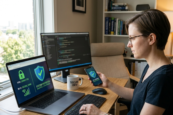 Person using laptop and smartphone with cybersecurity protection symbols for online safety