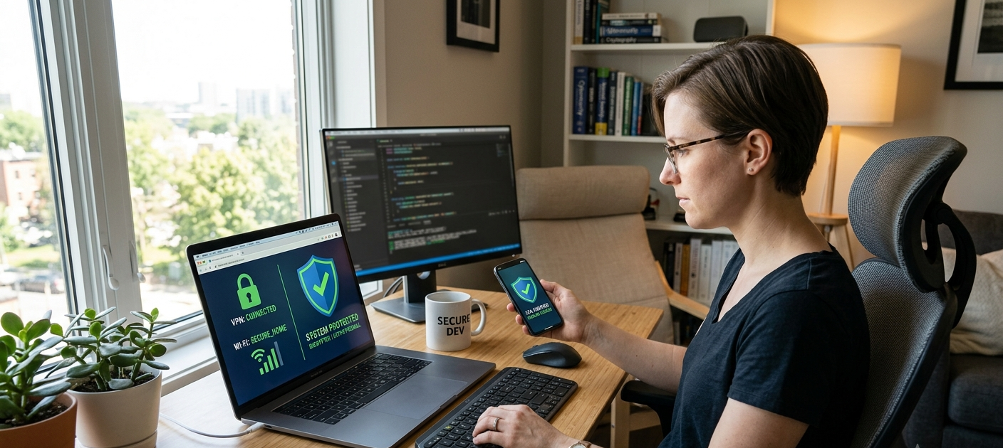 10 Essential Tips to Stay Safe on Public Wi-Fi, Online Shopping, and Social Media 3 Person using laptop and smartphone with cybersecurity protection symbols for online safety