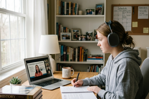 Teen student attending an online class on a laptop while taking notes in a quiet study environment.