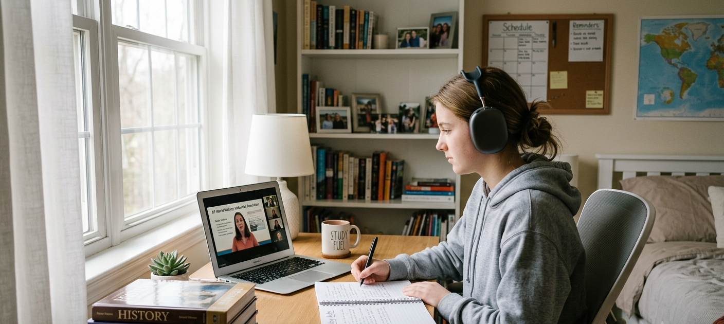 Teen student attending an online class on a laptop while taking notes in a quiet study environment.
