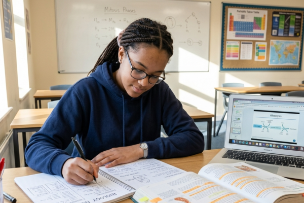 Teenage student taking organized notes while studying with textbooks and a laptop