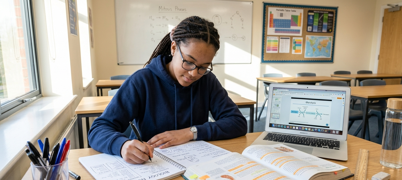 Teenage student taking organized notes while studying with textbooks and a laptop