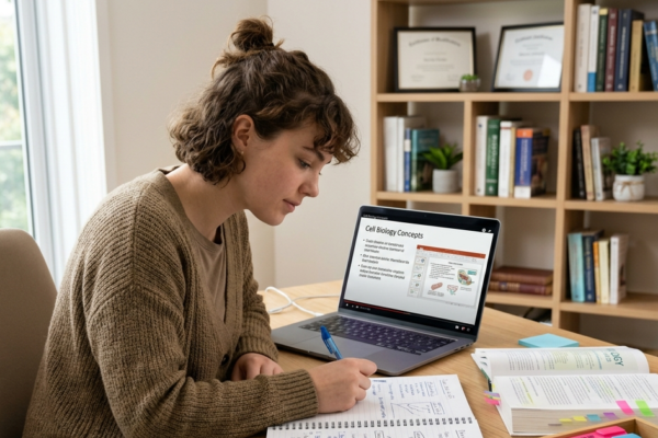 Student studying at a desk using both handwritten and digital note-taking methods for effective learning and academic success.