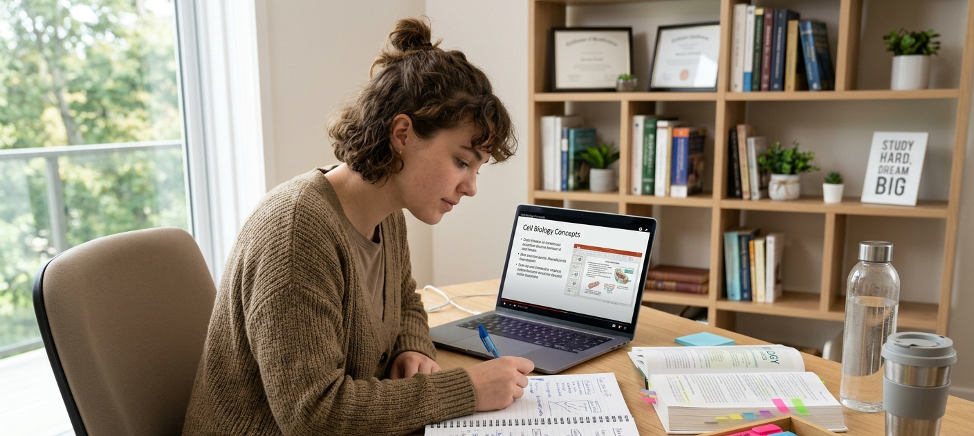 Student studying at a desk using both handwritten and digital note-taking methods for effective learning and academic success.