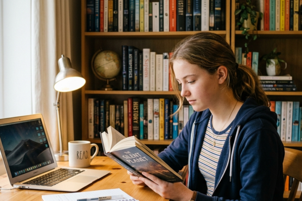 Teenage student reading a book at a study desk to develop lifelong learning habits