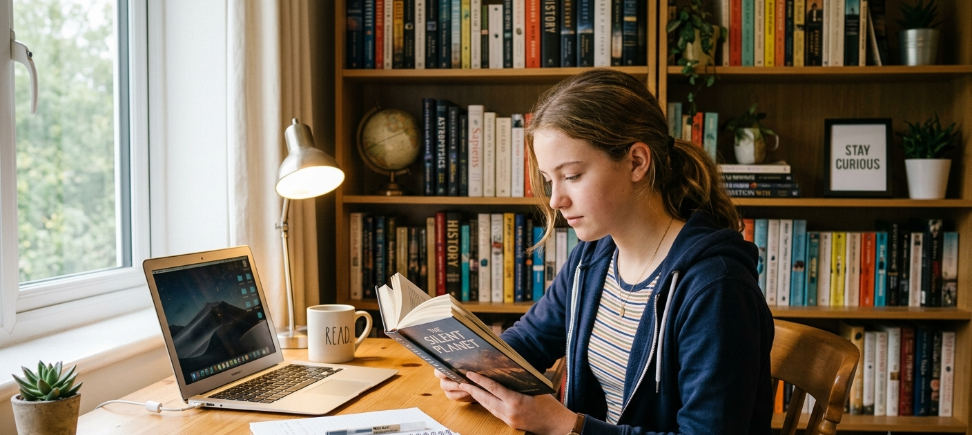 How to Develop Strong Reading Habits That Support Lifelong Learning 1 Teenage student reading a book at a study desk to develop lifelong learning habits