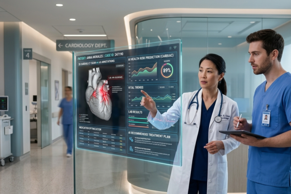 AI technology assisting doctors with healthcare data analysis and patient care in a modern hospital
