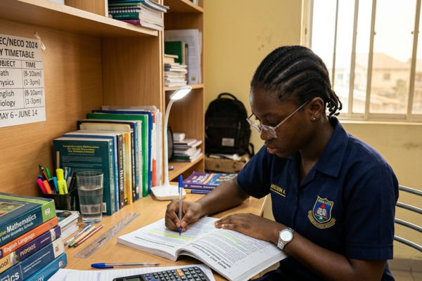 Nigerian student preparing for WAEC and NECO exams with textbooks and study materials