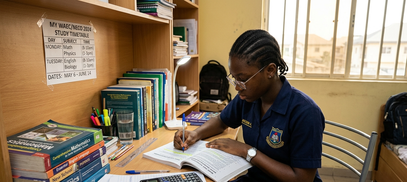 Nigerian student preparing for WAEC and NECO exams with textbooks and study materials