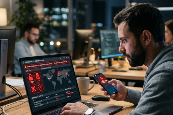 A person using a laptop and smartphone with cybersecurity warnings showing possible hacking activity