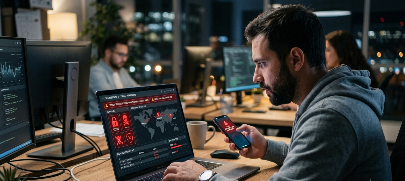 10 Signs Your Phone, Computer, or Email Has Been Hacked and What to Do Immediately 5 A person using a laptop and smartphone with cybersecurity warnings showing possible hacking activity