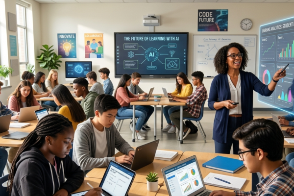 AI-powered smart classroom where students and teachers use artificial intelligence technology for personalized learning.