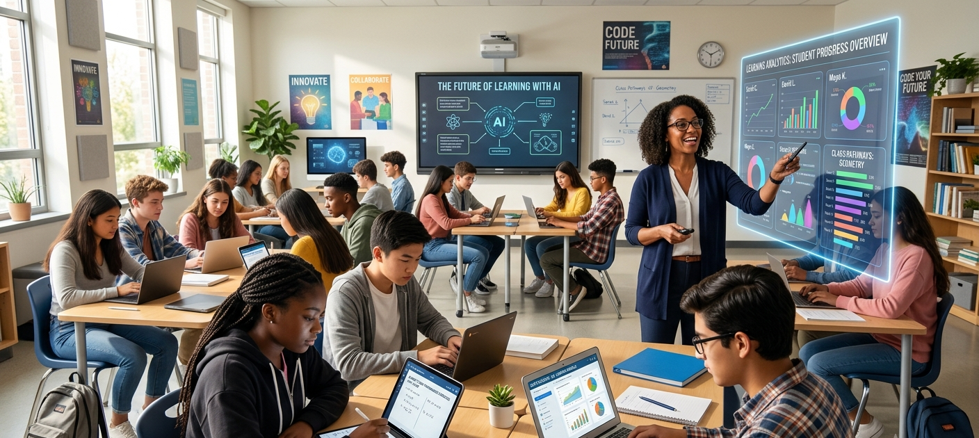 AI-powered smart classroom where students and teachers use artificial intelligence technology for personalized learning.