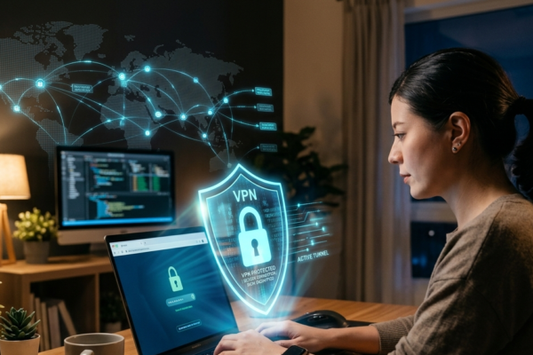 Person using a laptop with a VPN shield protecting online privacy and internet connection