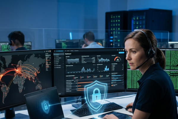 Cybersecurity analyst monitoring global cyber threats while protecting networks, cloud systems, and digital data with advanced security technologies.