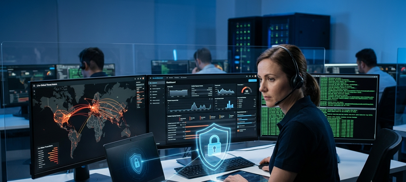 Cybersecurity analyst monitoring global cyber threats while protecting networks, cloud systems, and digital data with advanced security technologies.