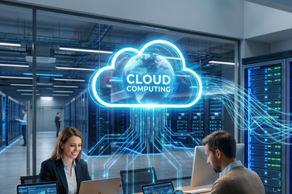 Cloud computing technology connecting digital devices with online data servers and global networks