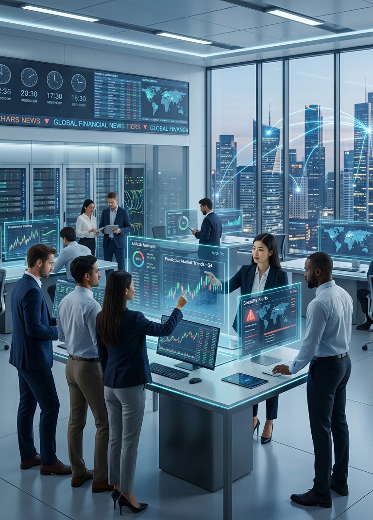 Artificial intelligence transforming modern finance with digital banking networks, financial data analysis, and AI-powered technology