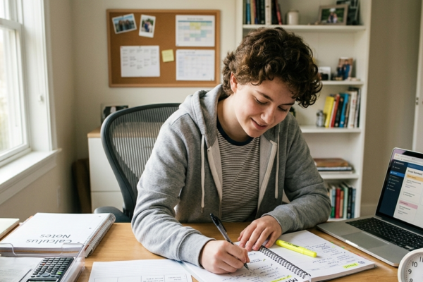 Teenage student creating a personalized study timetable with books, planner, and school materials on a desk