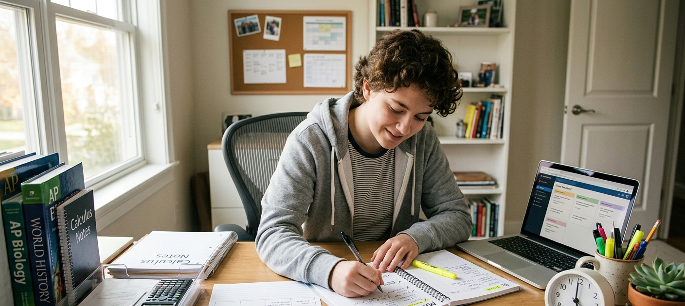 Teenage student creating a personalized study timetable with books, planner, and school materials on a desk