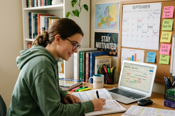 Student creating a study plan with books and laptop to stay motivated throughout the academic year