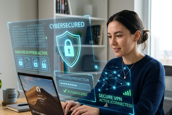 Person using a laptop with digital cybersecurity protection symbols and secure online connection